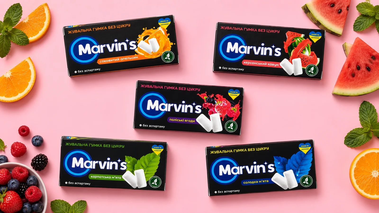 Жувальна гумка Marvin's без цукру — карпатська м'ята, солодка м'ята, херсонський кавун, соковитий апельсин, поліські ягоди