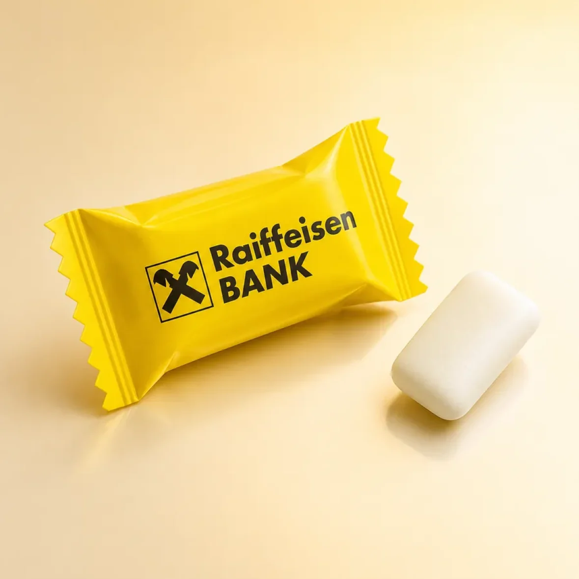 Жевательная резинка с логотипом Raiffeisen Bank — пример работы Marvin's